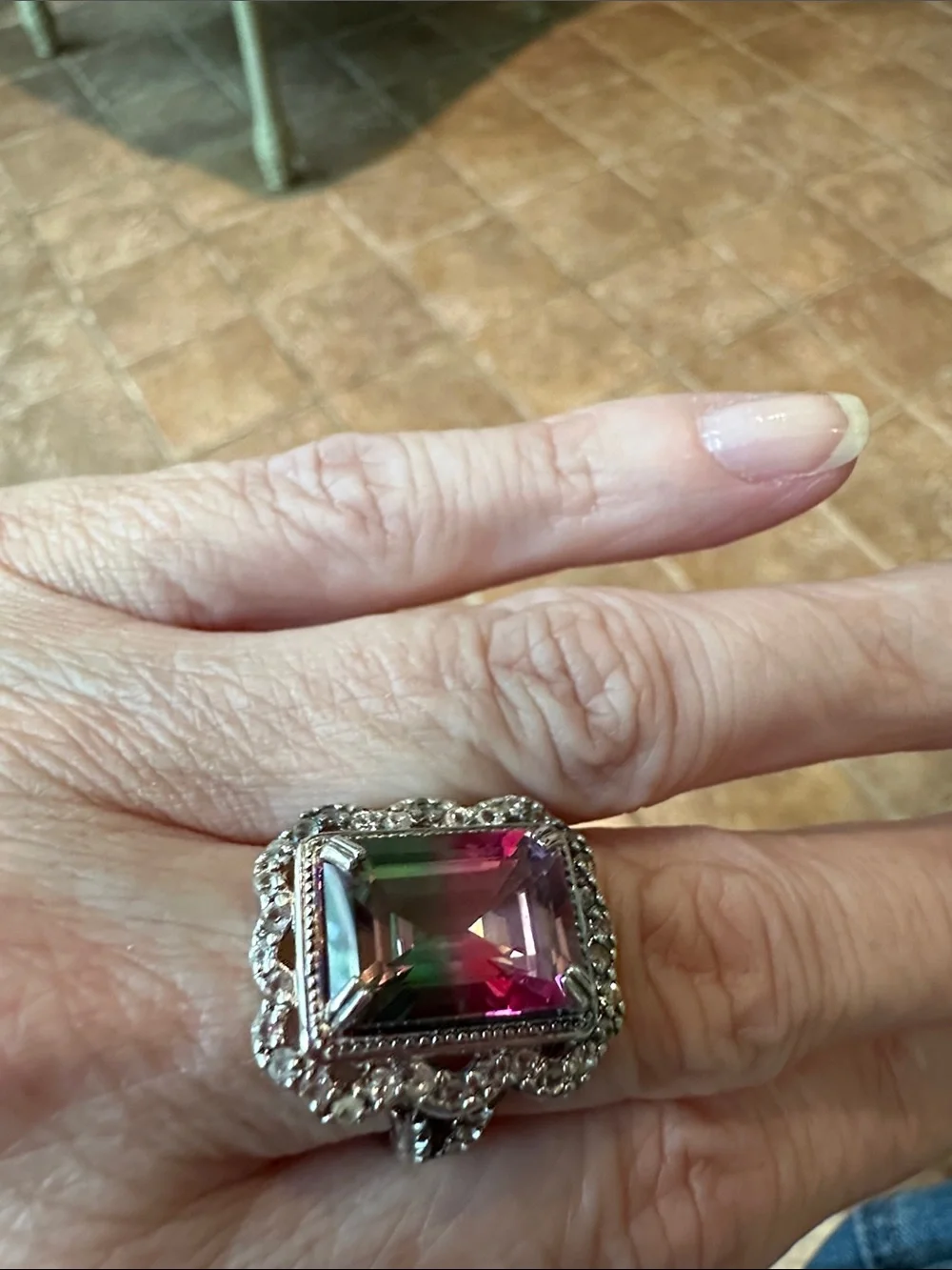 Sterling Silver Cocktail Ring with Pink and Green Watermelon Tourmaline
